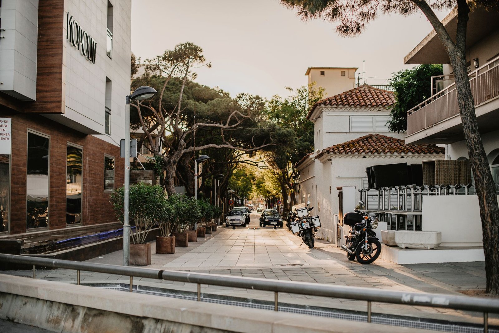 Calle arbolada del sur de España al atardecer con dos motos aparcadas junto a la acera, ambiente urbano de la Costa del Sol